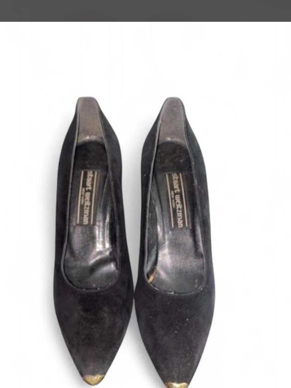 Stuart Weitzman Black Suede Pointed Toe Pumps with Gold Toe Caps